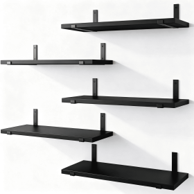 5-Tier Floating Shelves Wall Mounted, Black Wood Wall Shelves Set of 5 Same Size, Rustic Storage Shelf with Metal Brackets for Bedroom, Living Ro